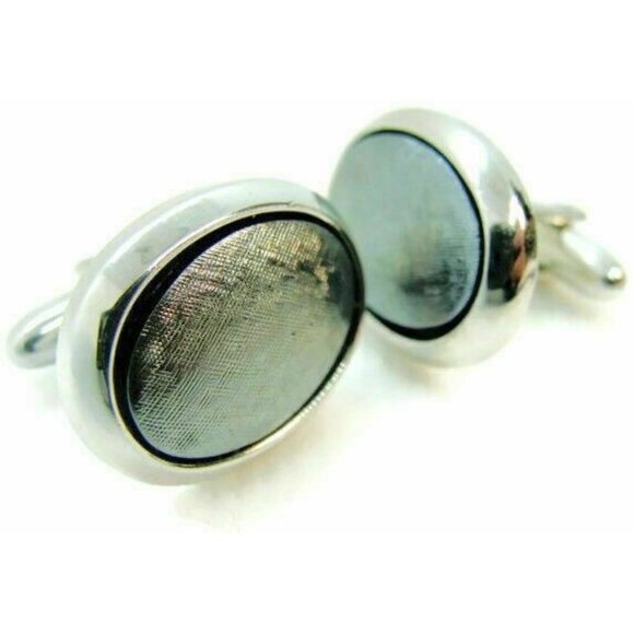 Hickok Greenish Bullet Style Vintage Cufflinks Silver Tone Oval 3/4" x 5/8" Tux - Picture 1 of 9